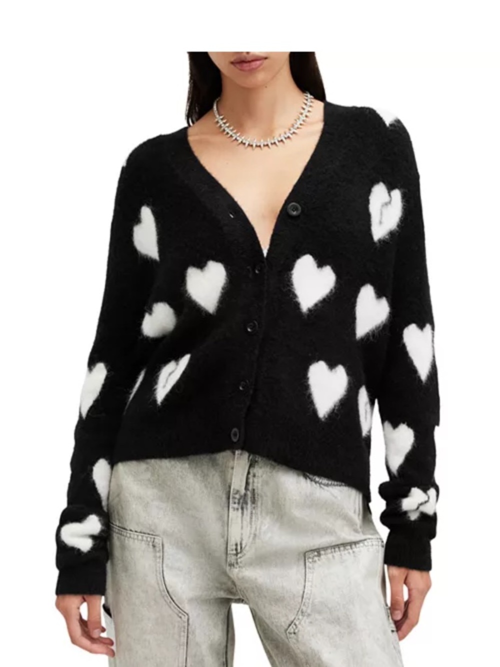 AllSaints Black Cardigan with White Heart Print